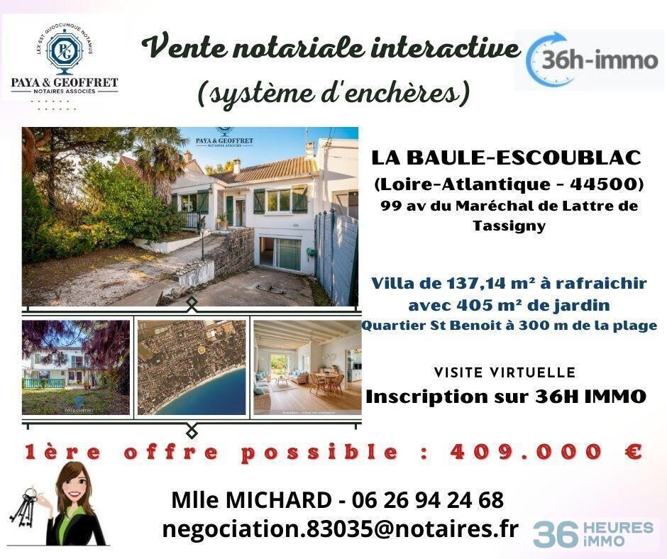 Villa à fort potentiel de137 m², Jardin au calme à 300m plage QUARTIER BENOIT LA BAULE ESCOUBLAC